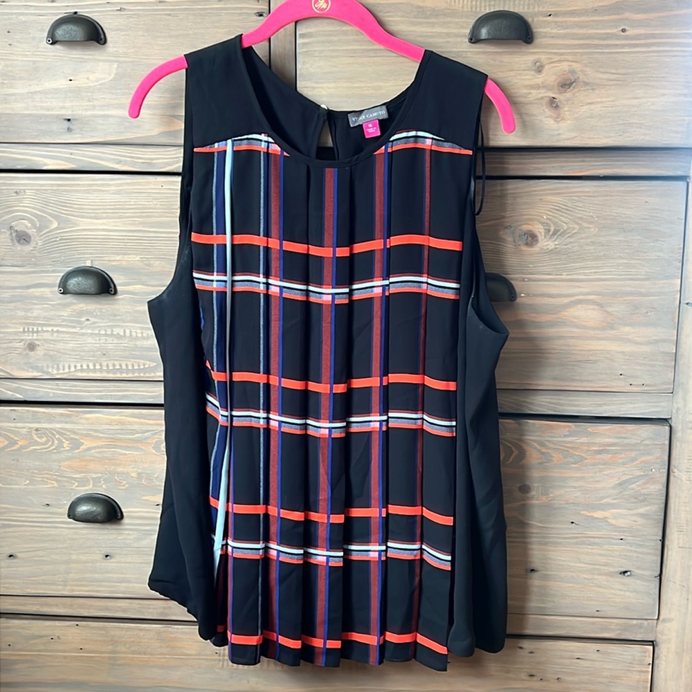 Vince Camuto Black Sleeveless Plaid-Striped Front Top with Red and Blue Accents